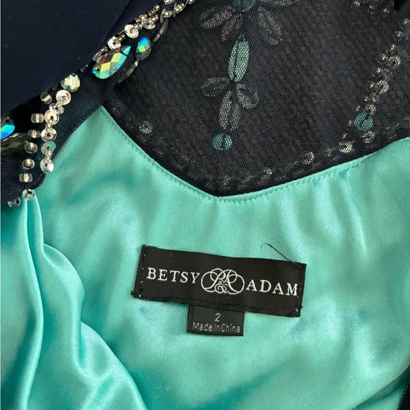 Betsy & Adam Navy and Teal Beaded Prom Dress - Picture 7 of 9